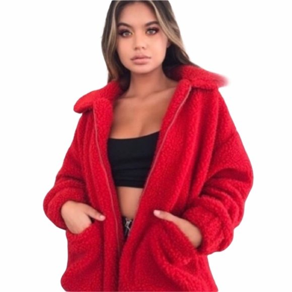 STEVE MADDEN | Red Shearling Teddy Zip Jacket - Picture 1 of 5